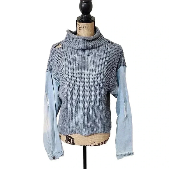 Instinct over Reason Shredded Turtle Neck Denim Sleeves  Sweater. Size Medium - Picture 3 of 13